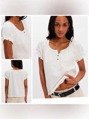We The Free Issa Tee Puffed Sleeve Henley Top XL Clean Ivory NWT